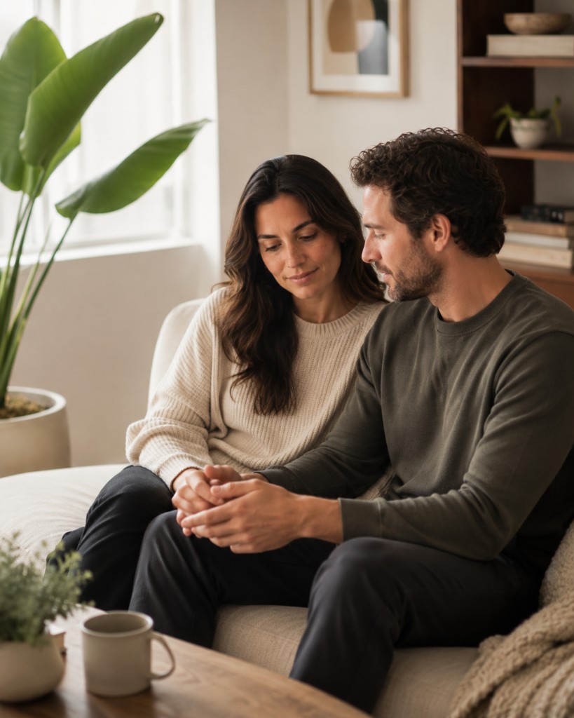 A couple sits together on a sofa in a bright, modern room, holding hands in a calm, supportive moment.