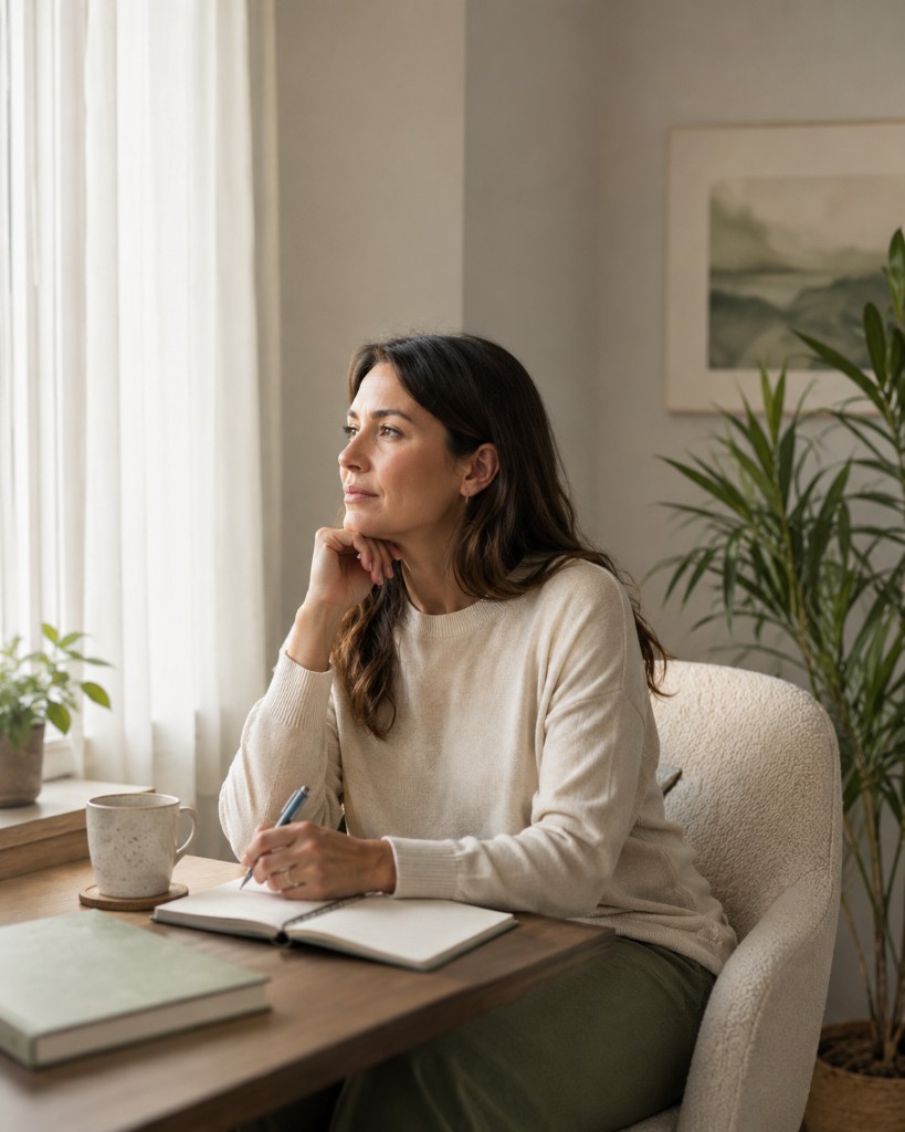 A woman sits at a wooden desk with a notebook, looking thoughtfully toward a bright window in a calm, plant-filled room.