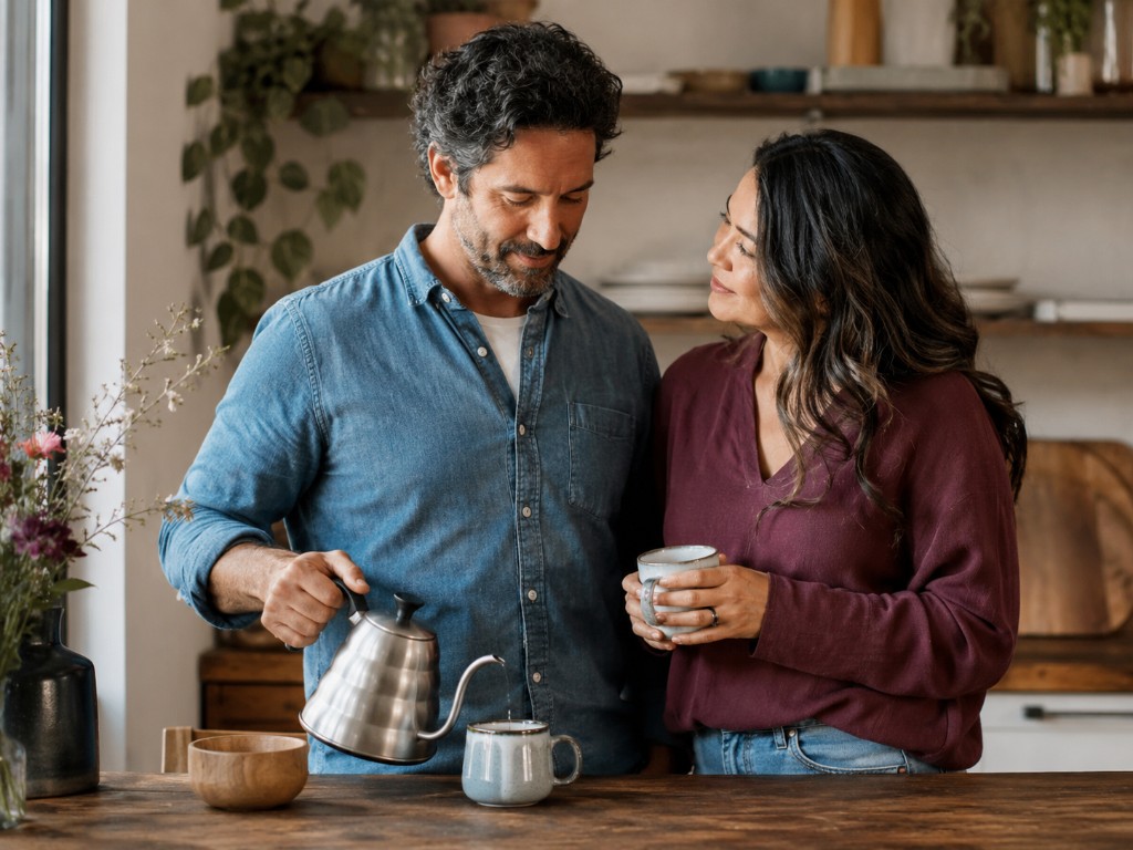 A couple stands together in a kitchen, sharing a quiet moment while pouring tea.