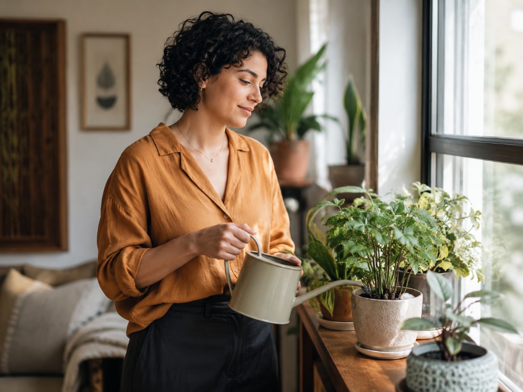 A woman tends to indoor plants by a sunlit window in a warm, calm home.